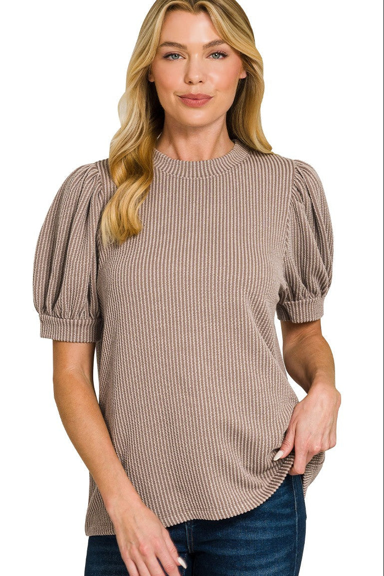 Raised Rib Puff Sleeve Top | Mocha