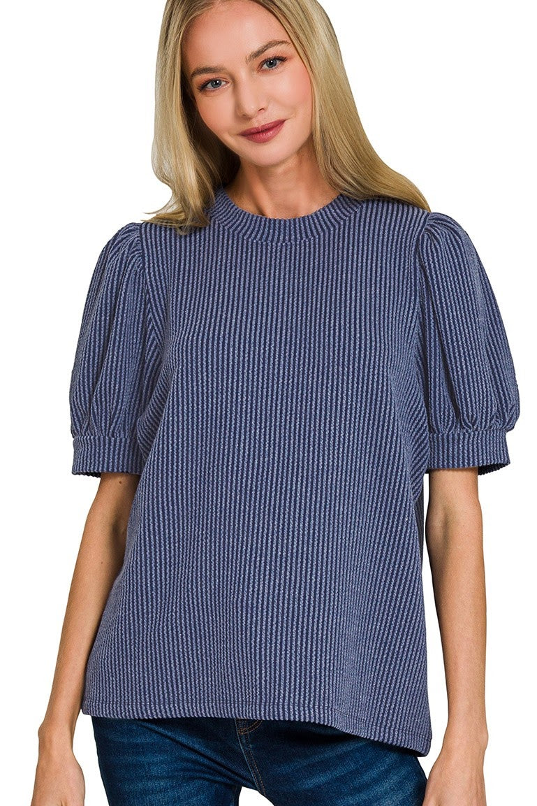 Raised Rib Puff Sleeve Top | Navy