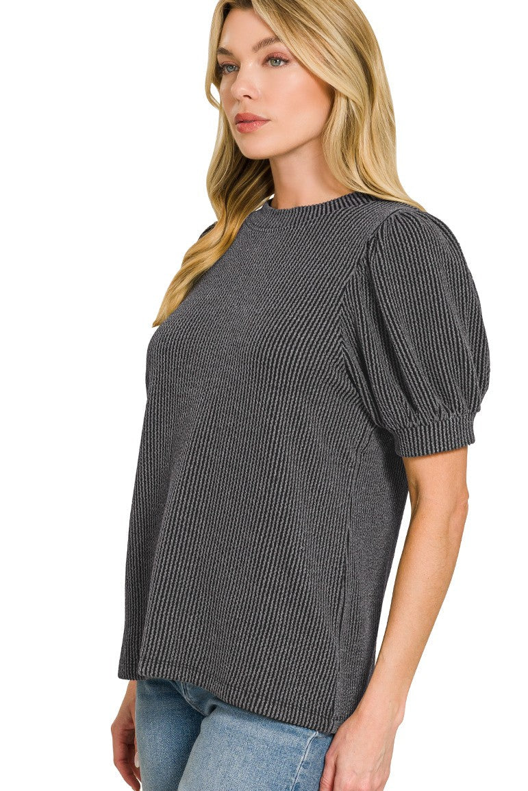 Raised Rib Puff Sleeve Top | Charcoal