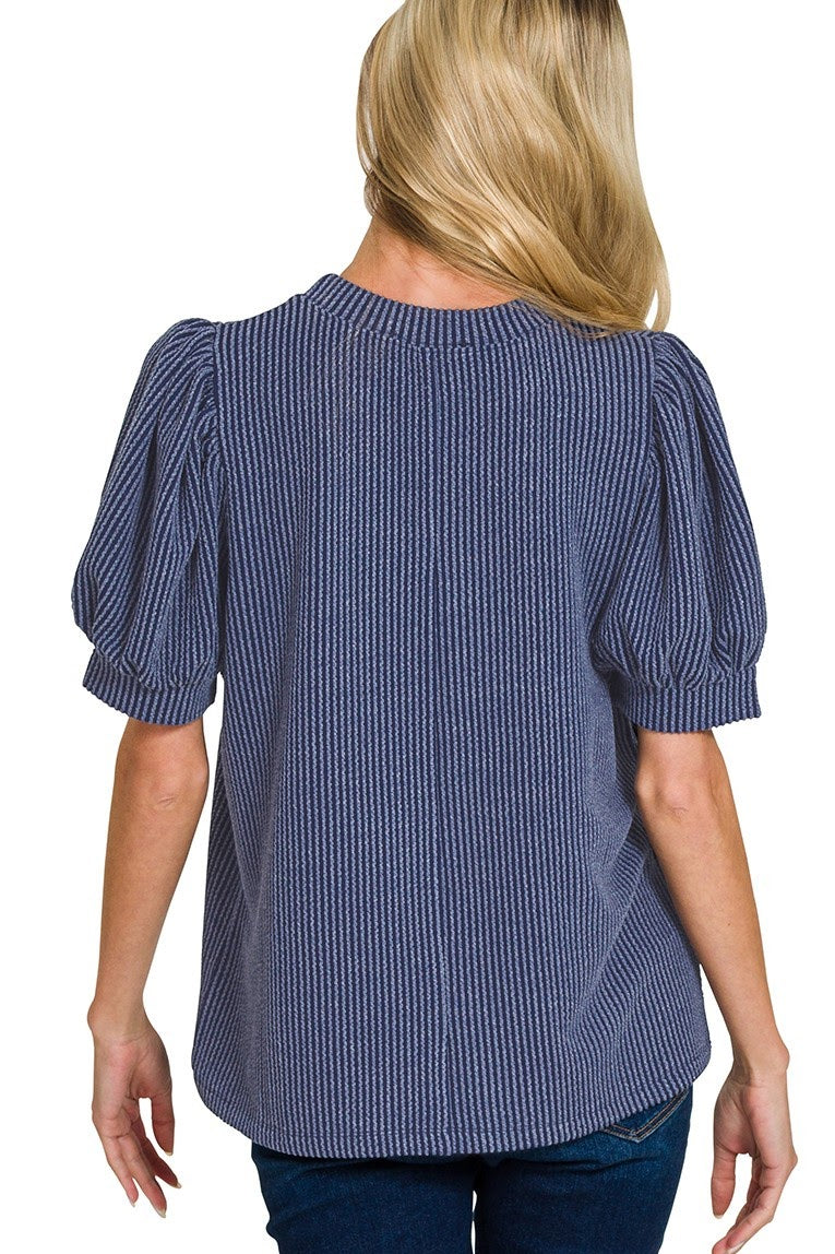 Raised Rib Puff Sleeve Top | Navy