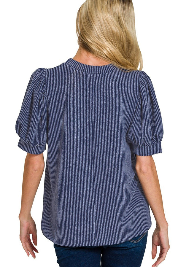 Raised Rib Puff Sleeve Top | Navy