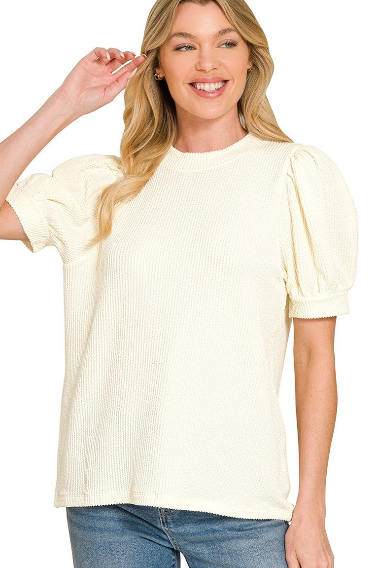 Raised Rib Puff Sleeve Top | Cream