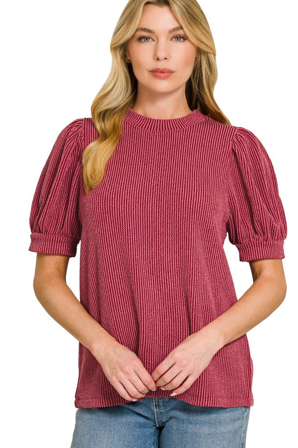 Raised Rib Puff Sleeve Top | Burgundy