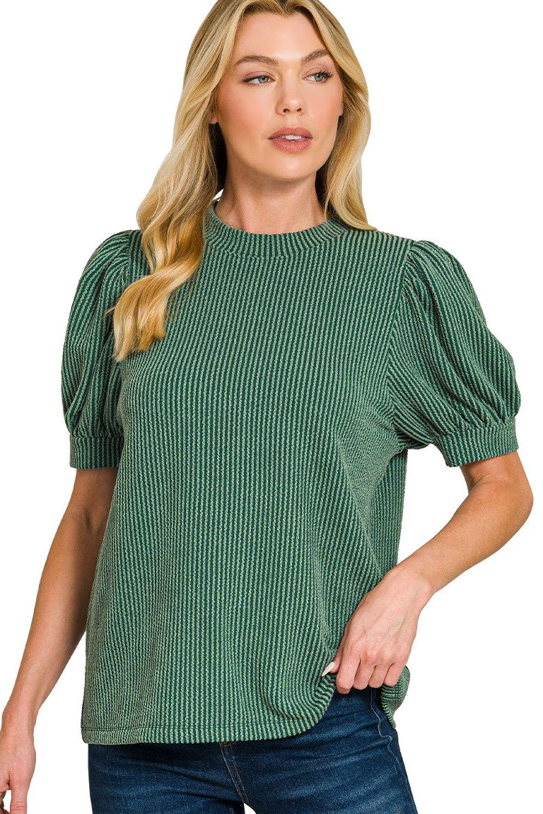Raised Rib Puff Sleeve Top | Hunter Green