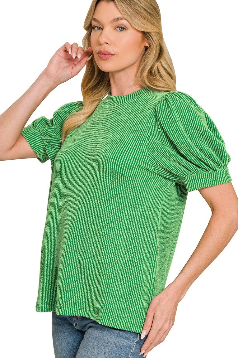 Raised Rib Puff Sleeve Top | Green