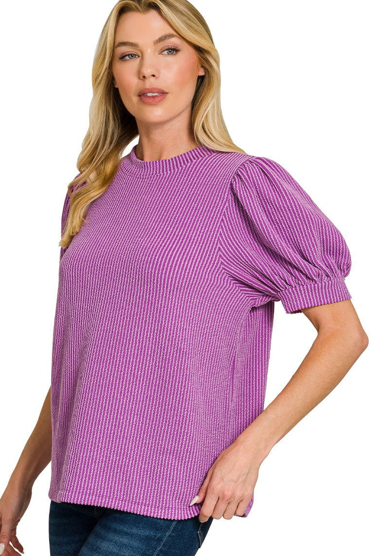Raised Rib Puff Sleeve Top | Plum