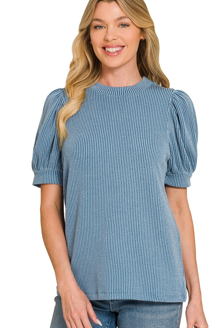 Raised Rib Puff Sleeve Top | Dusty Blue