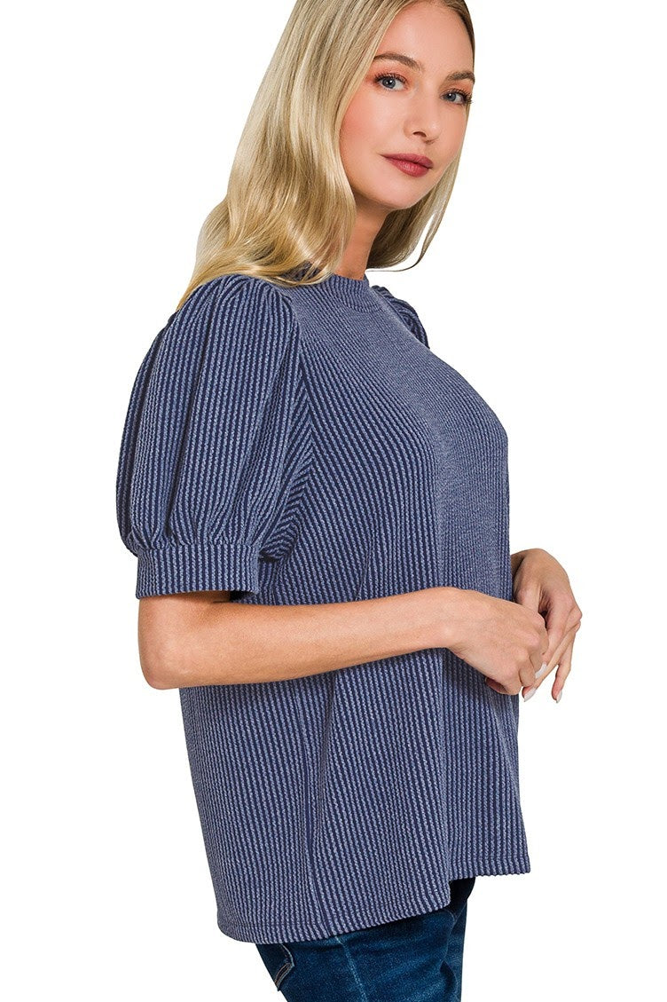 Raised Rib Puff Sleeve Top | Navy