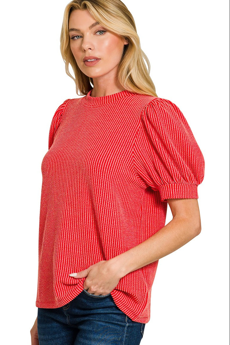 Raised Rib Puff Sleeve Top | Red