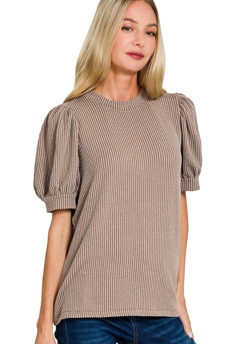 Raised Rib Puff Sleeve Top | Mocha