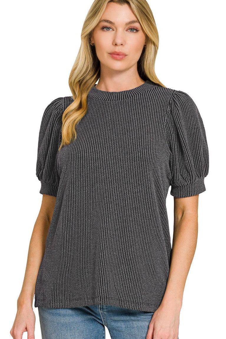 Raised Rib Puff Sleeve Top | Charcoal