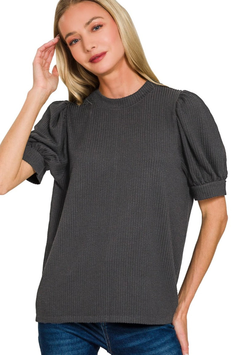 Raised Rib Puff Sleeve Top | Black