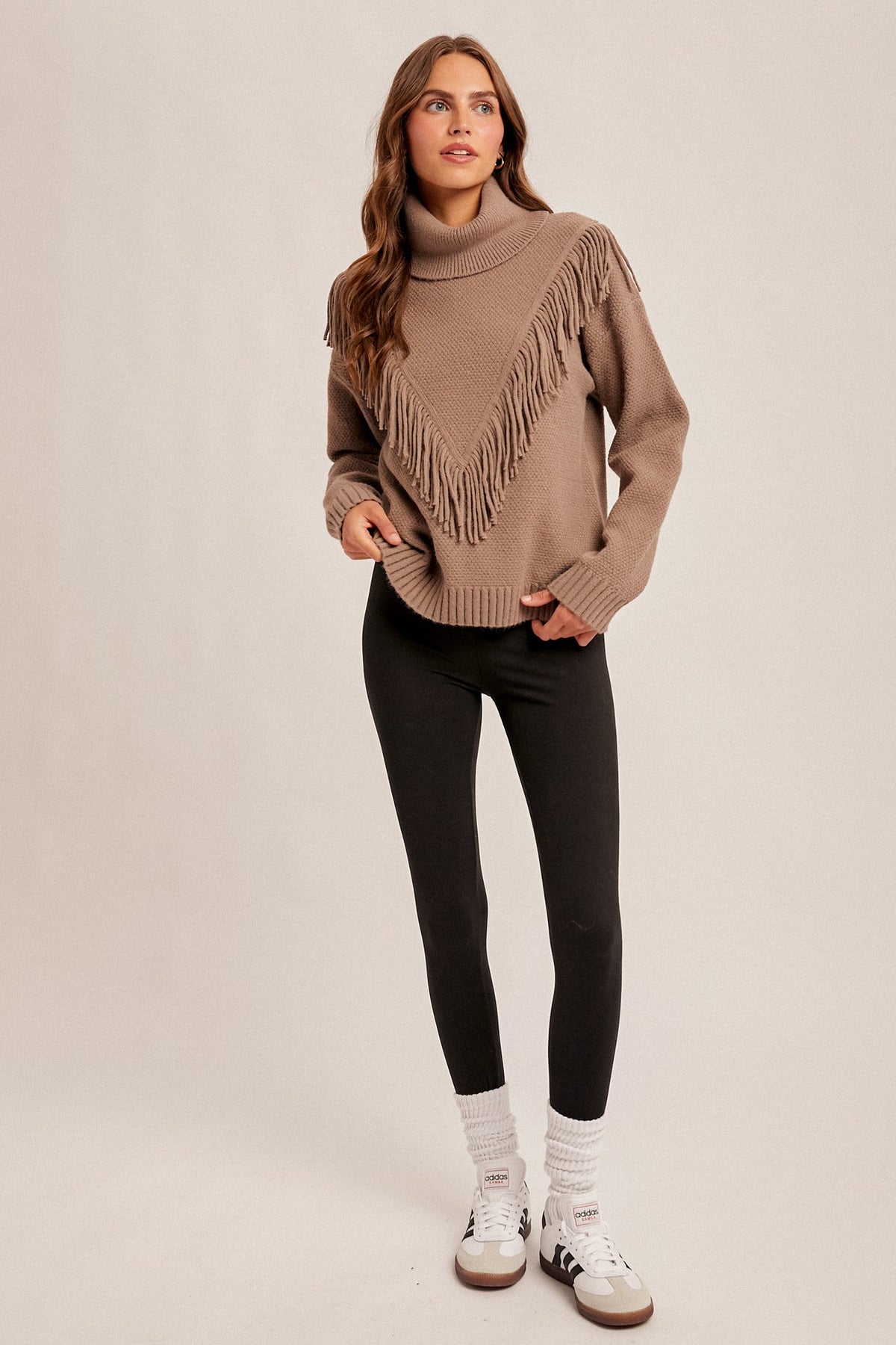Fringe Detail Cowl Neck Sweater Top | Mocha