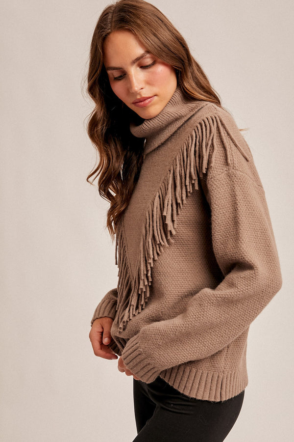 Fringe Detail Cowl Neck Sweater Top | Mocha