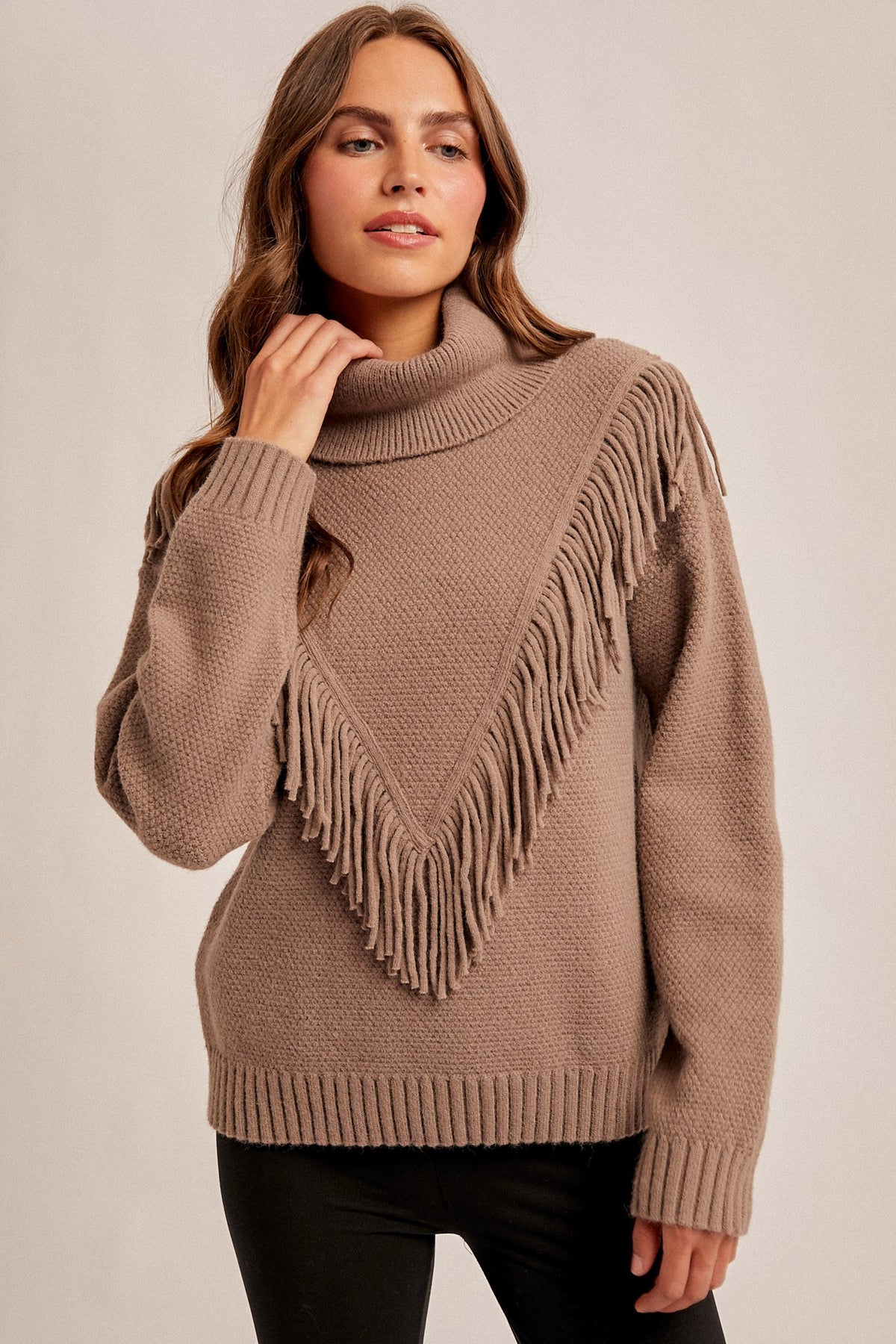Fringe Detail Cowl Neck Sweater Top | Mocha