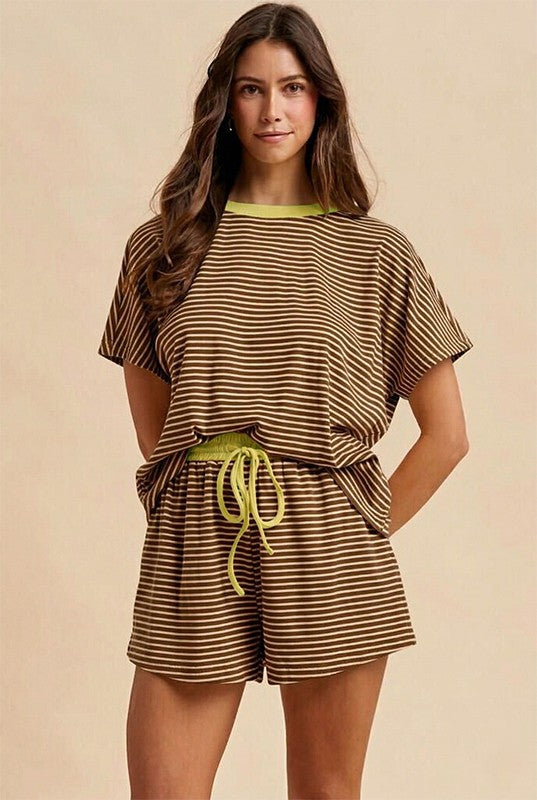 Stripe Knit Top + Shorts 2 Piece Set | Mocha/Lime