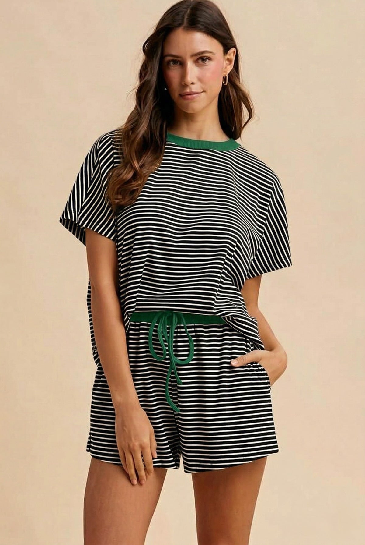 Stripe Knit Top + Shorts 2 Piece Set | Black/Green