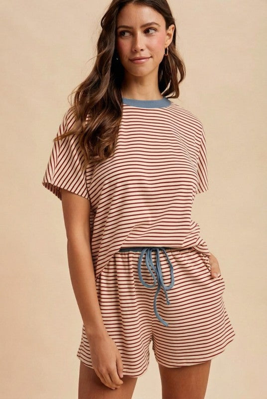 Stripe Knit Top + Shorts 2 Piece Set | Brick/Dusty Blue