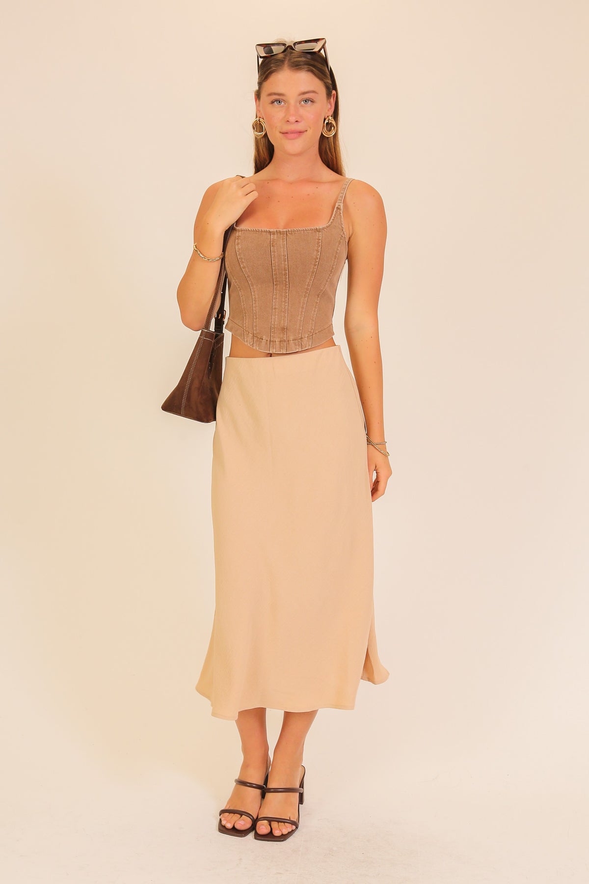 Stretchy Denim Corset Tank Top | Brown