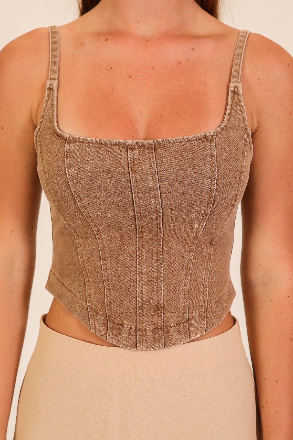 Stretchy Denim Corset Tank Top | Brown