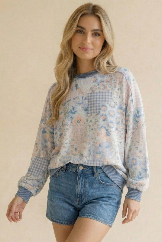 French Terry Floral Color Block Top | Light Blue