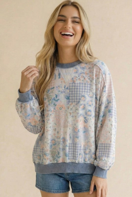 French Terry Floral Color Block Top | Light Blue
