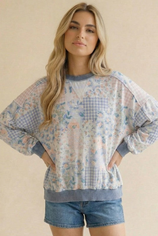 French Terry Floral Color Block Top | Light Blue