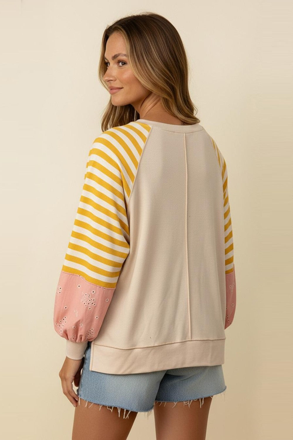 French Terry Raglan Bubble Sleeve Top | Oatmeal/Blush