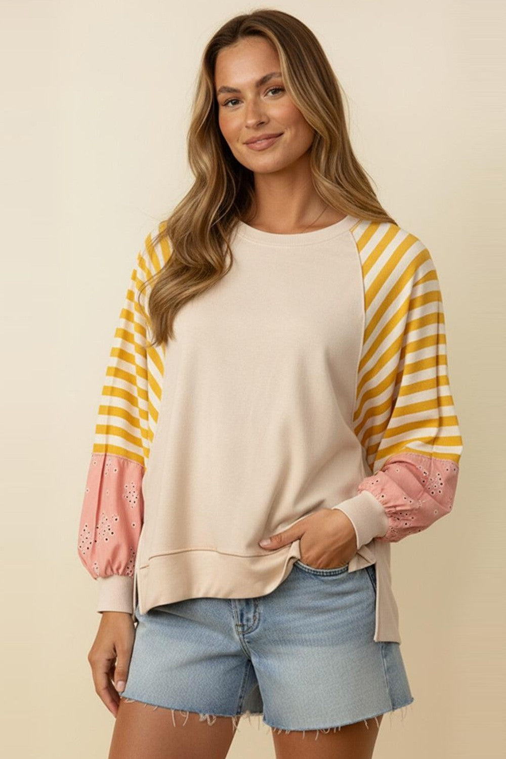 French Terry Raglan Bubble Sleeve Top | Oatmeal/Blush
