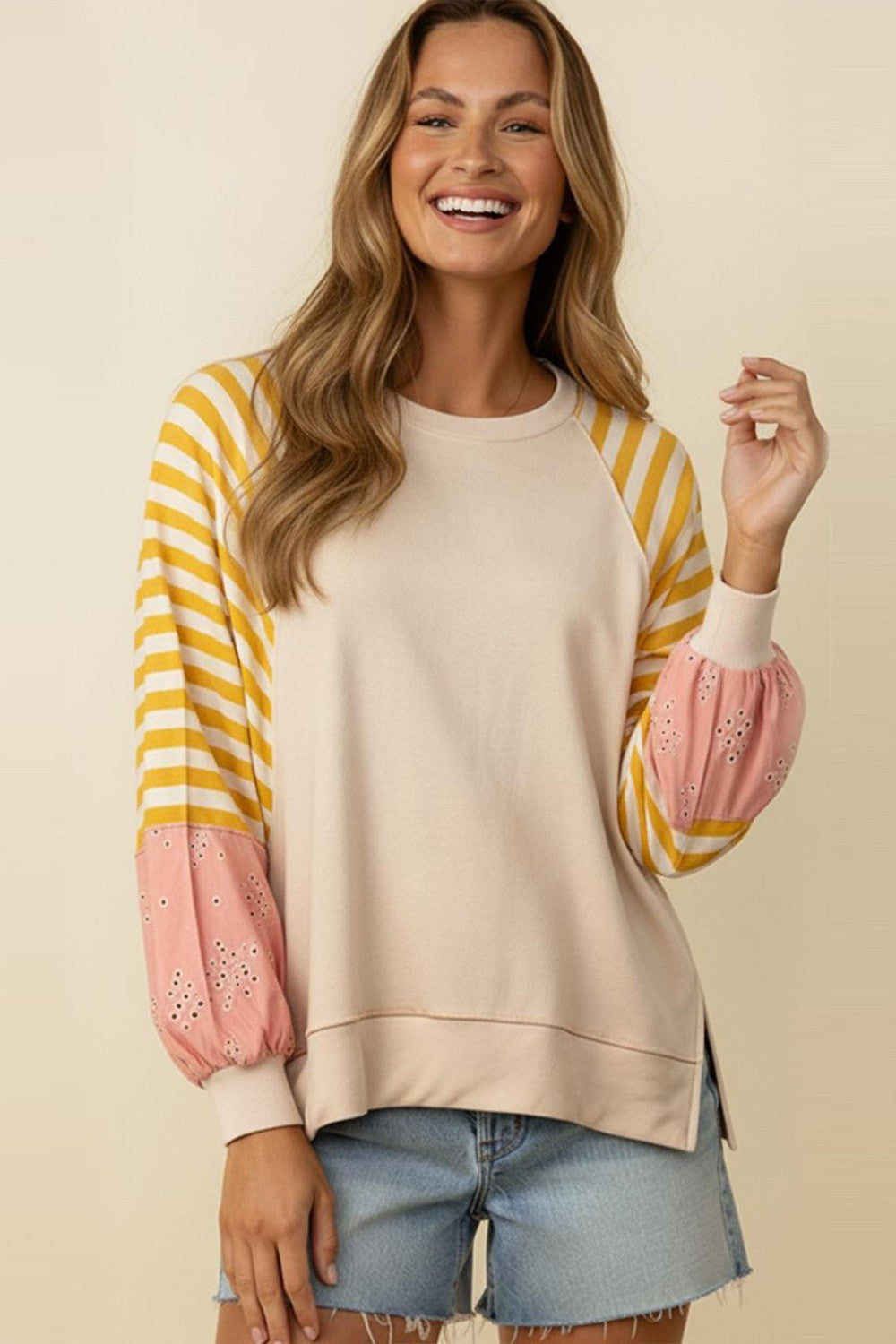 French Terry Raglan Bubble Sleeve Top | Oatmeal/Blush