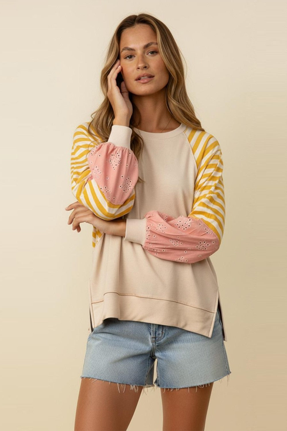 French Terry Raglan Bubble Sleeve Top | Oatmeal/Blush