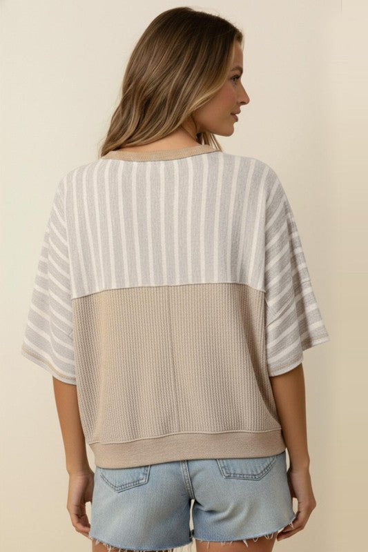Flutter Elbow Sleeve Stripe Top | Oatmeal/Heather Grey