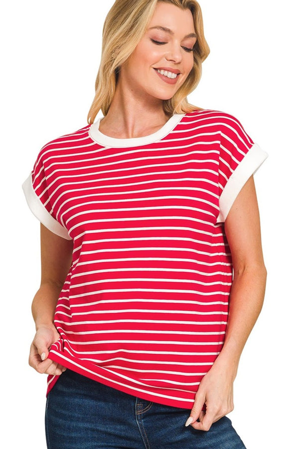 Contrast Trim Cap Sleeve Stripe Top | Red