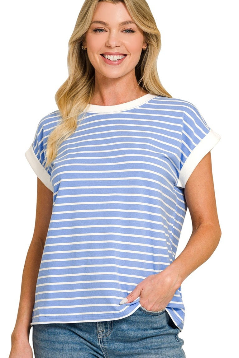 Contrast Trim Cap Sleeve Stripe Top | Cornflower Blue