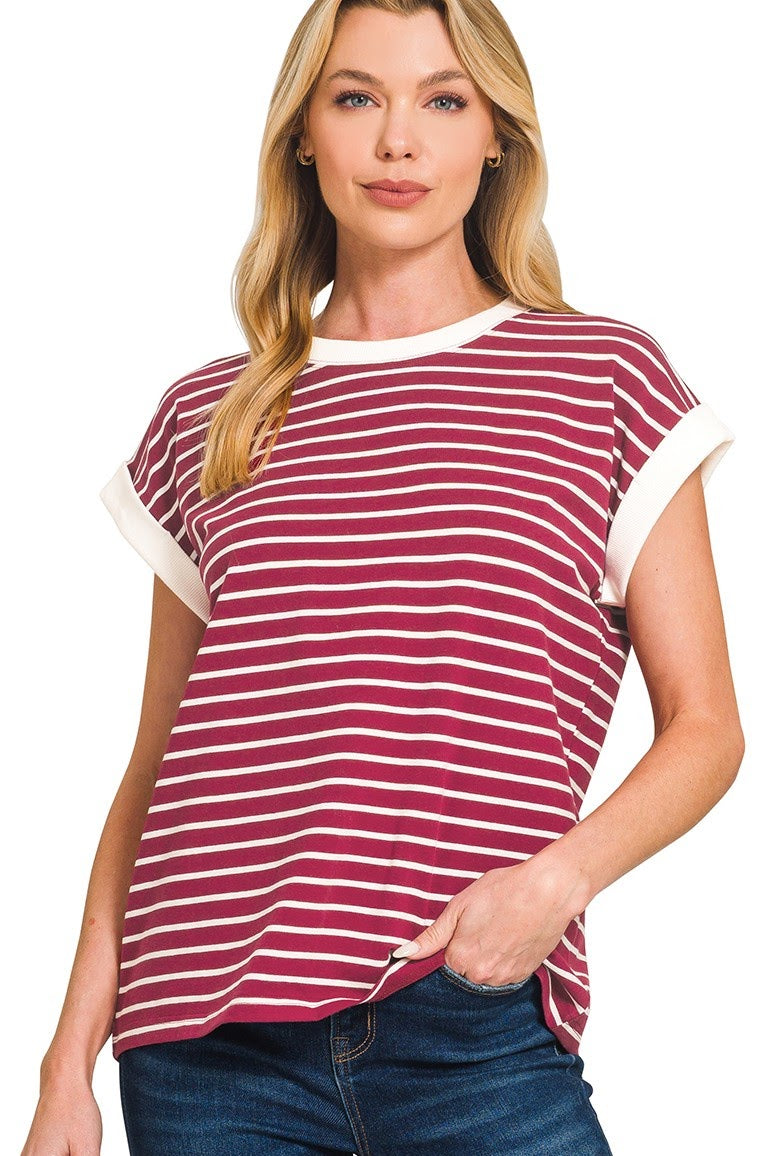 Contrast Trim Cap Sleeve Stripe Top | Cabernet