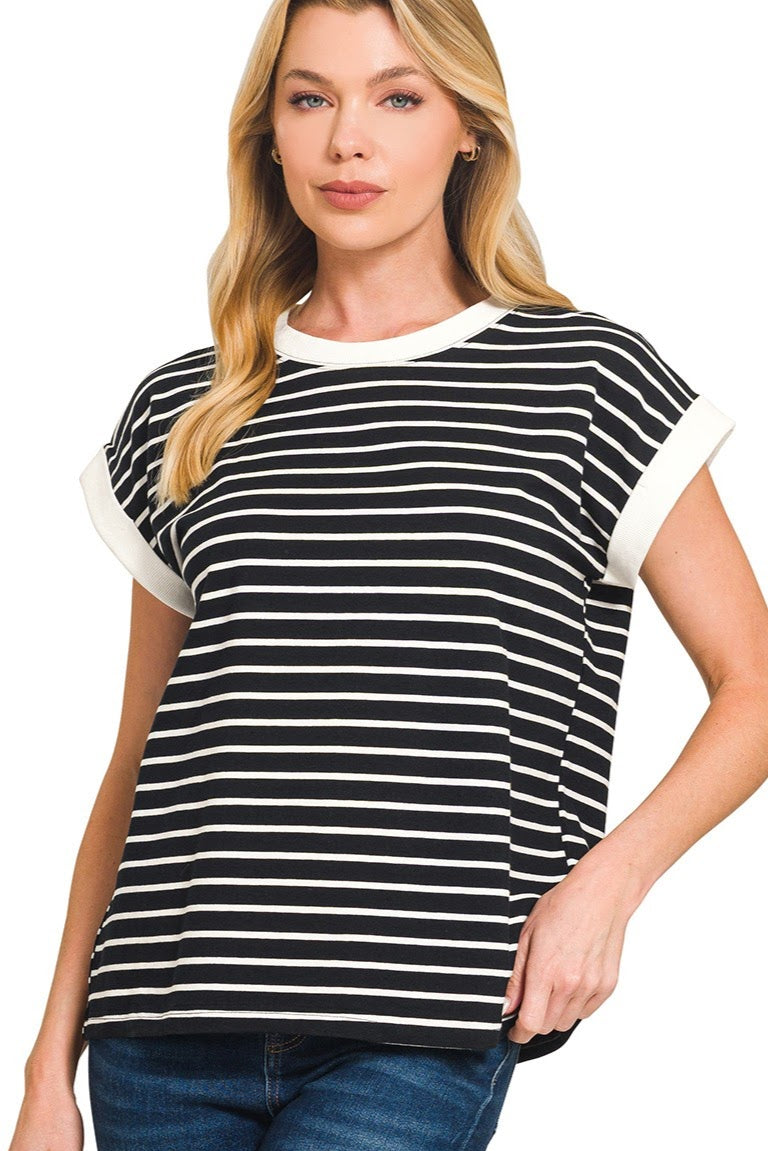 Contrast Trim Cap Sleeve Stripe Top | Black