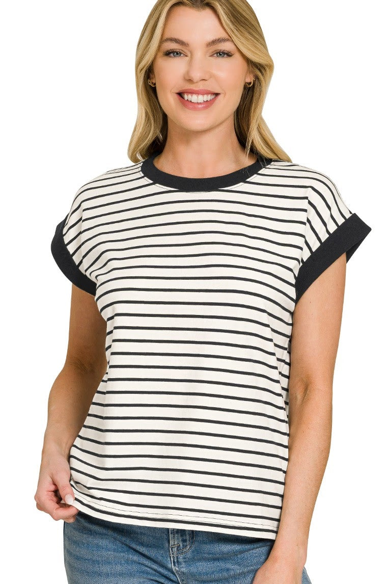 Contrast Trim Cap Sleeve Stripe Top | Cream