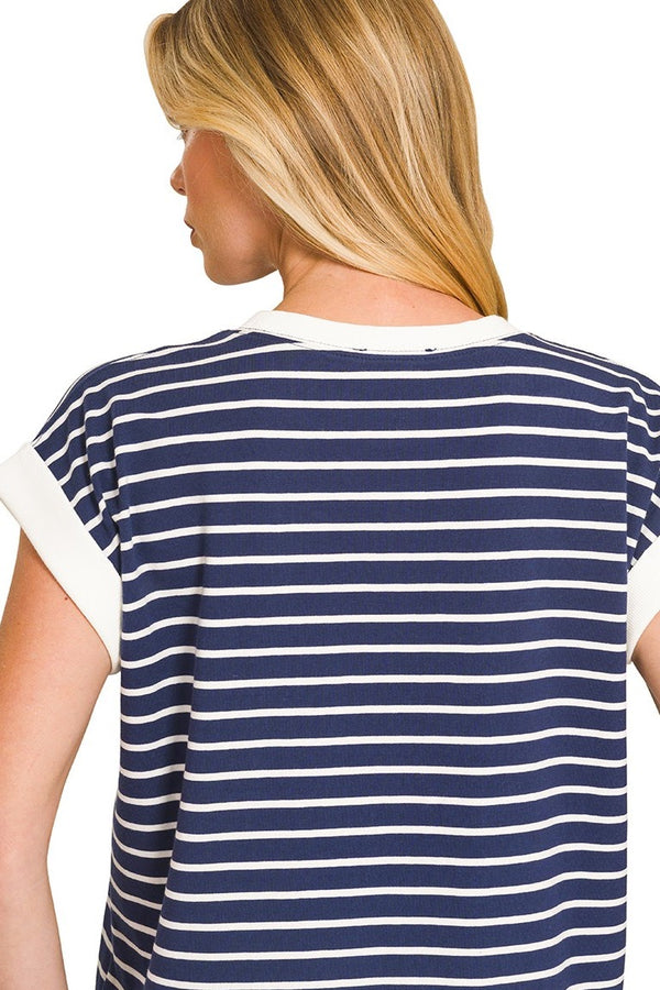 Contrast Trim Cap Sleeve Stripe Top | Navy