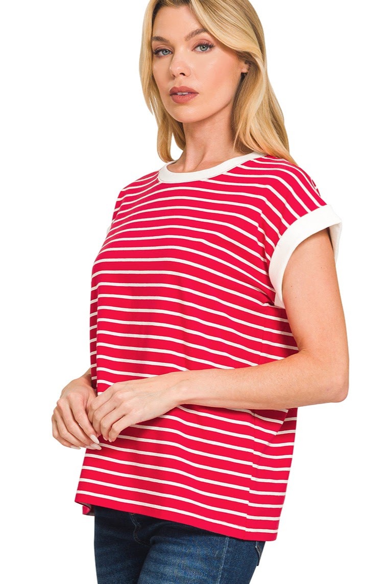 Contrast Trim Cap Sleeve Stripe Top | Red