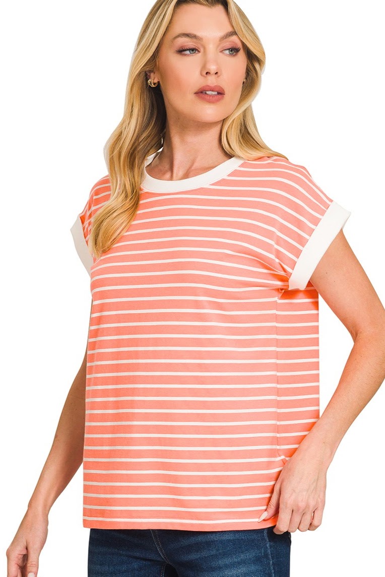 Contrast Trim Cap Sleeve Stripe Top | Coral