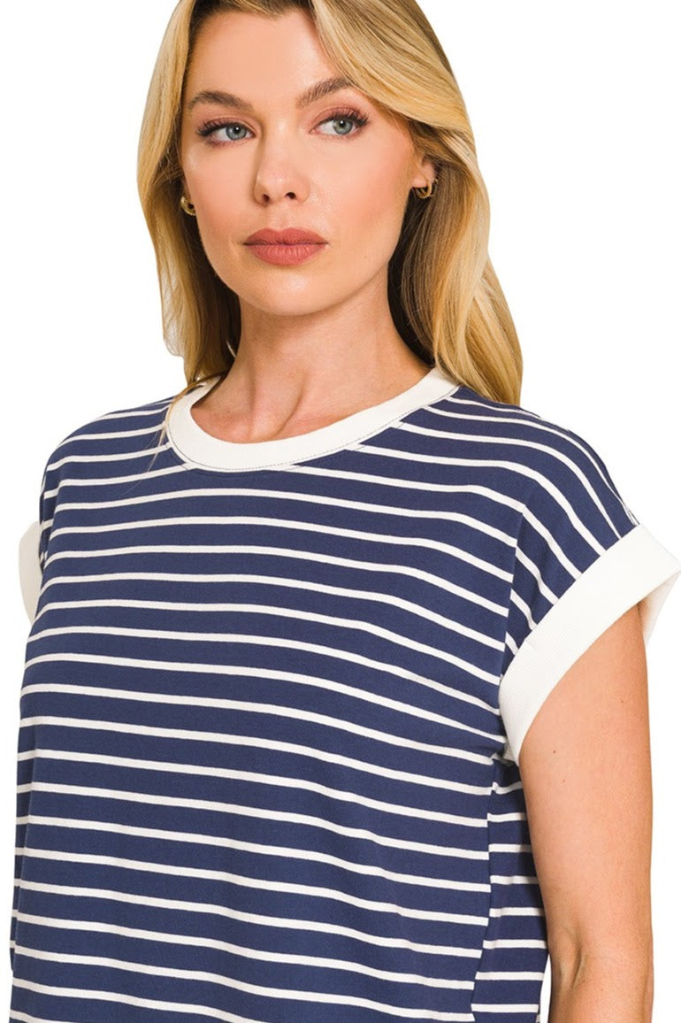 Contrast Trim Cap Sleeve Stripe Top | Navy