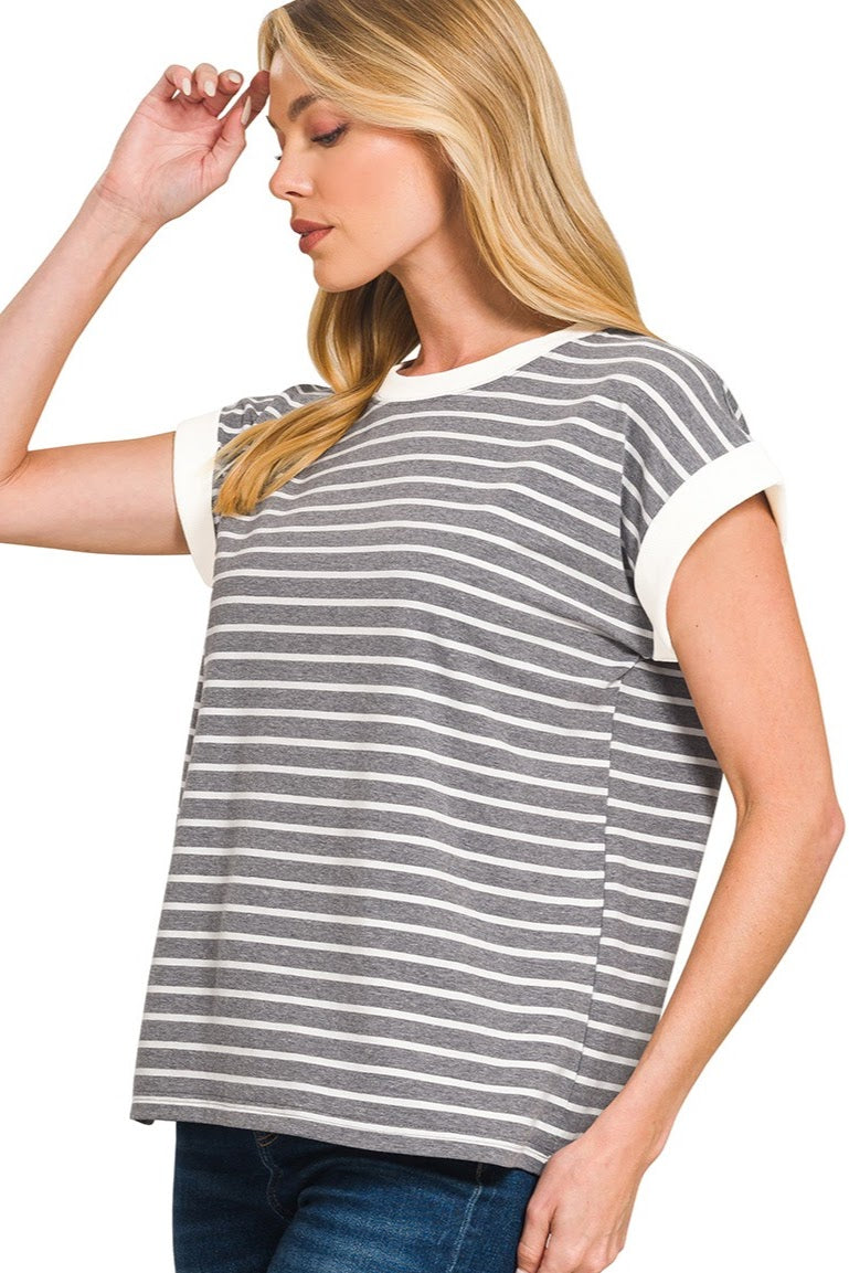 Contrast Trim Cap Sleeve Stripe Top | Charcoal