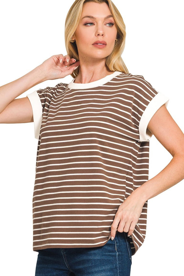 Contrast Trim Cap Sleeve Stripe Top | Brown