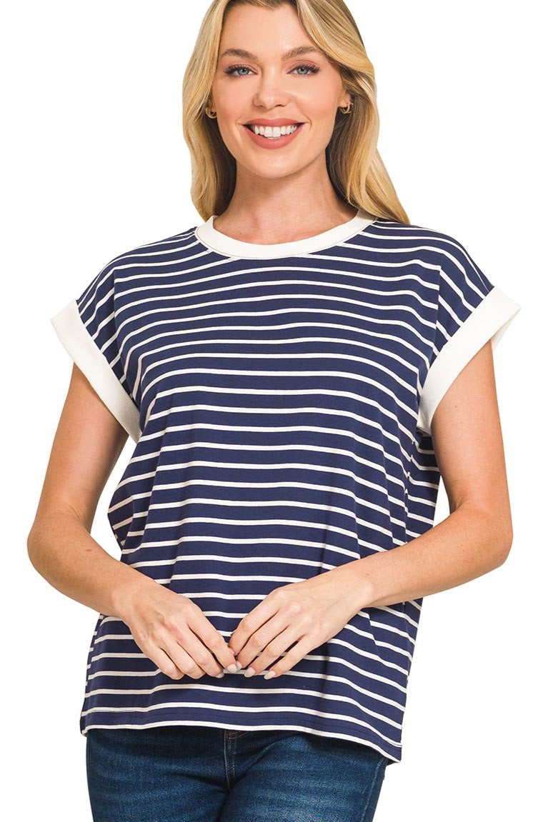 Contrast Trim Cap Sleeve Stripe Top | Navy