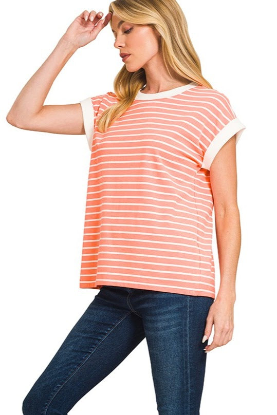 Contrast Trim Cap Sleeve Stripe Top | Coral