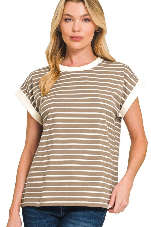 Contrast Trim Cap Sleeve Stripe Top | Mocha