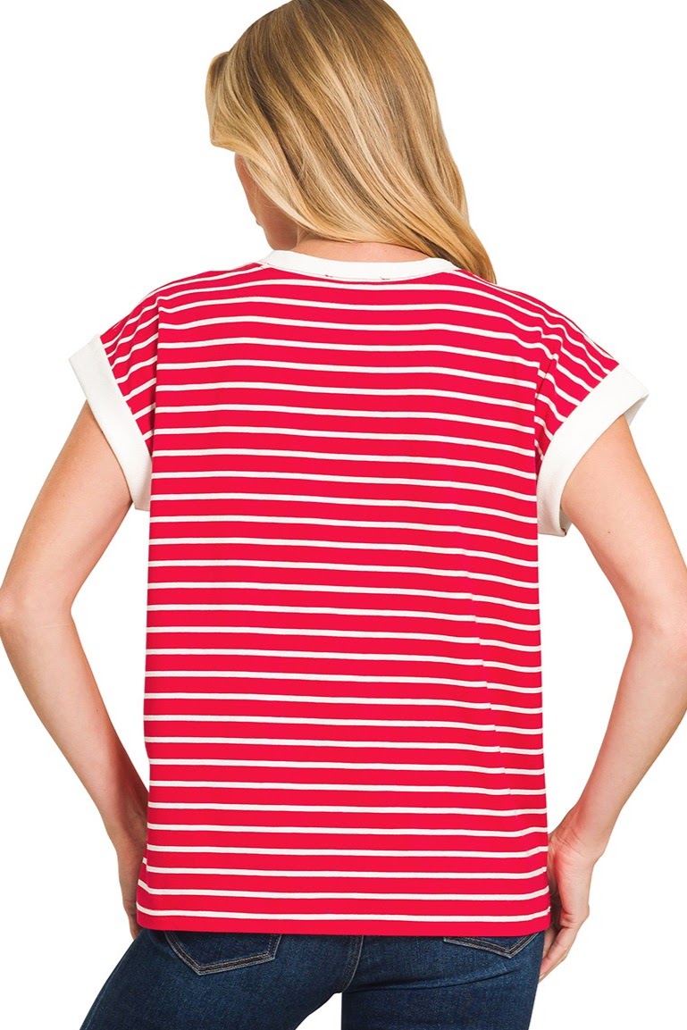 Contrast Trim Cap Sleeve Stripe Top | Red