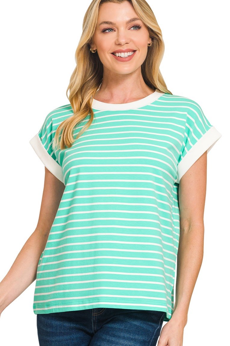 Contrast Trim Cap Sleeve Stripe Top | Mint