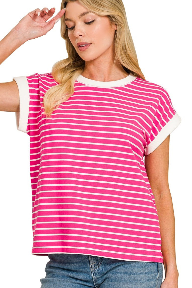 Contrast Trim Cap Sleeve Stripe Top | Hot Pink