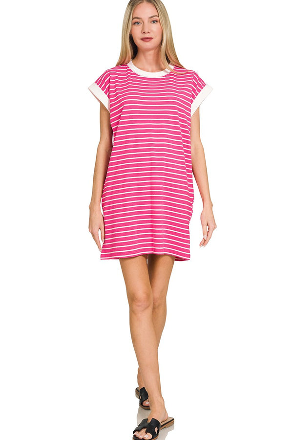 Striped Contrast Trim Banded T-Shirt Dress | Hot Pink